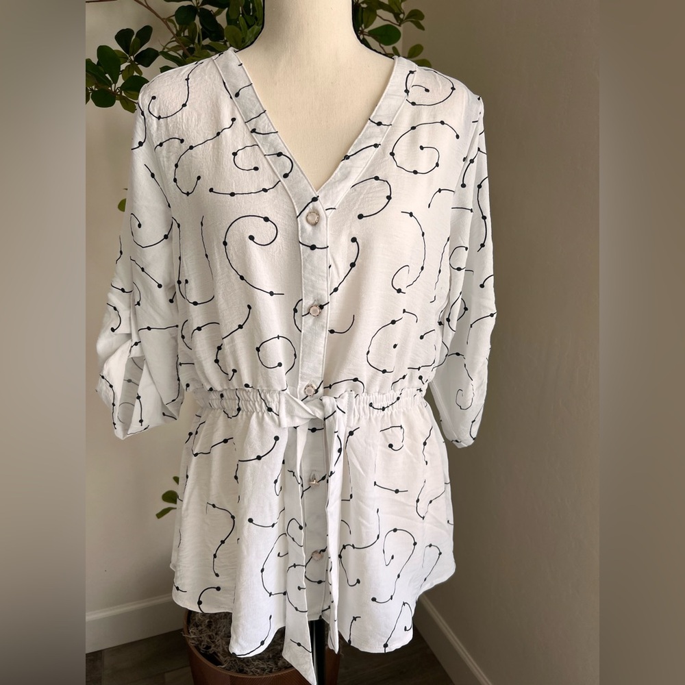 Elegant White and Black Swirl Blouse